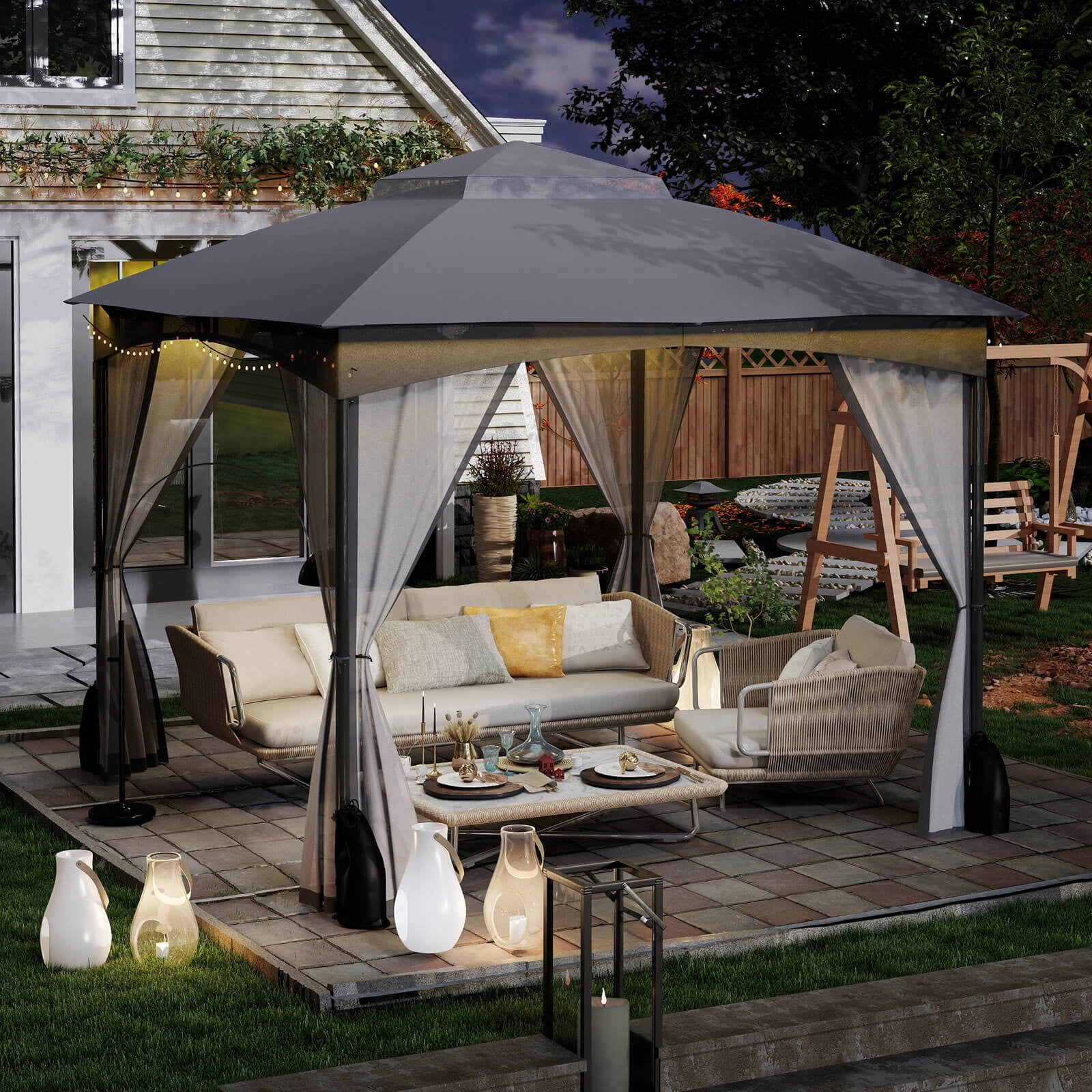 Costway 10 X 10 FT Patio Gazebo with Netting Walls 4 Sandbags Zippered Doors Outdoor
