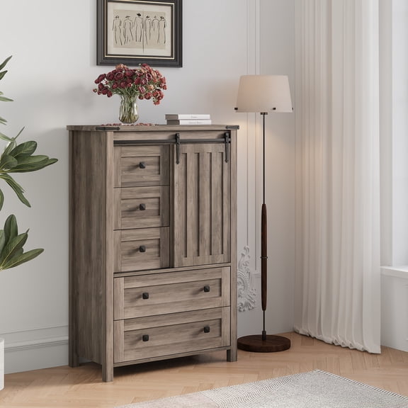 Farmhouse 5 Drawer Entryway Storage Cabinet – Tall Wooden Dresser with Sliding Barn Door, Adjustable Shelf, Modern Space-Saving Organizer for Bedroom, Hallway, Living Room
