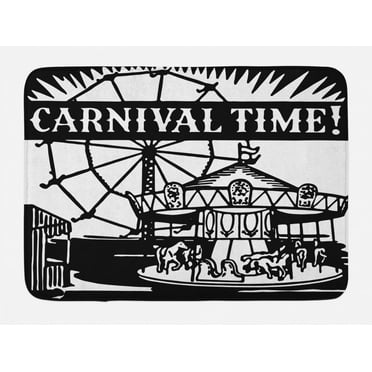 Ferris Wheel Bath Mat, Monochrome of Carousel and Other Ride with Carnival Time Words, Plush Bathroom Decor Mat with Non Slip Backing, 29.5" X 17.5", Charcoal Grey White, by Ambesonne