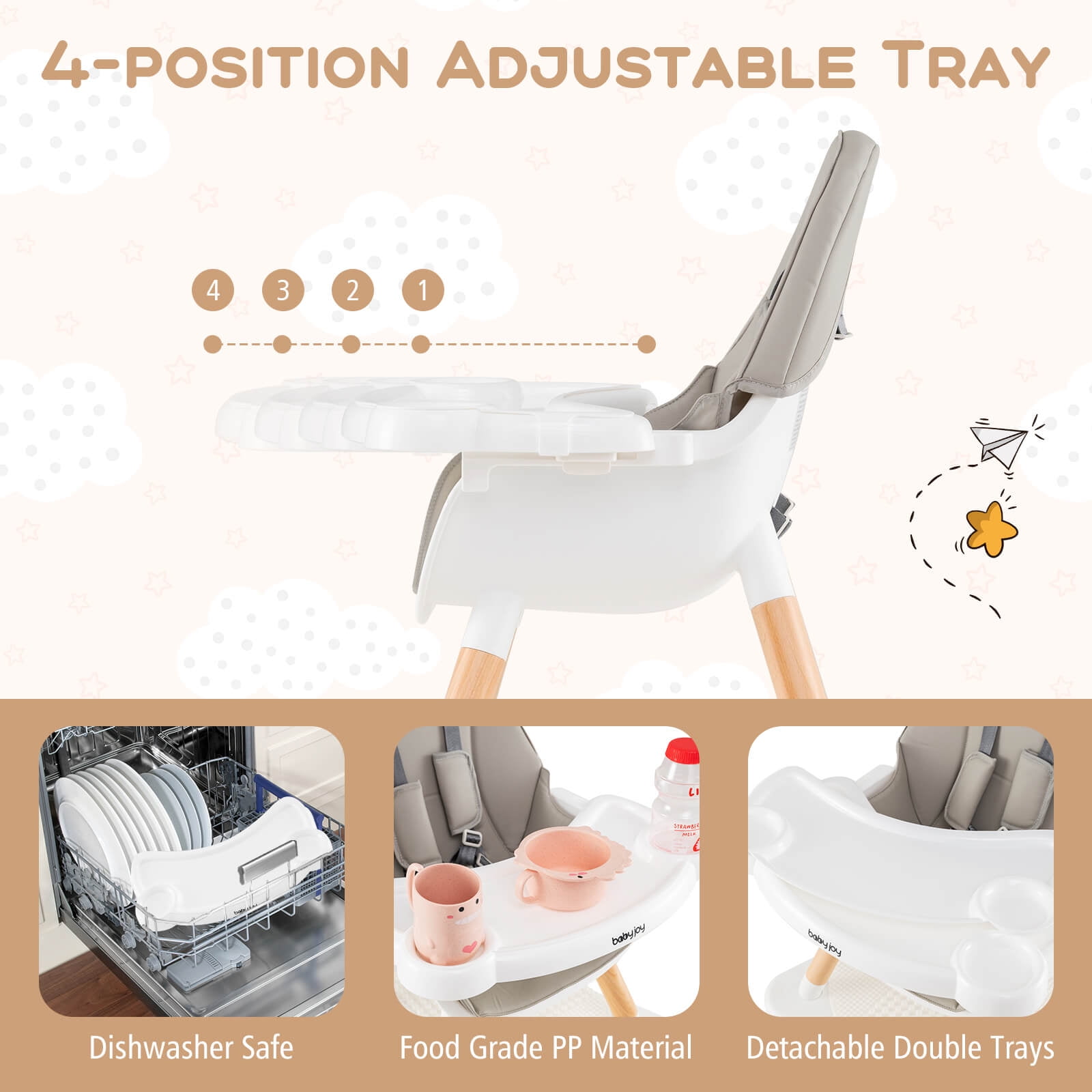 Costway 6-in-1 Baby High Chair Infant Wooden Convertible Chair with Building Block Table Gray
