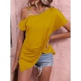 thumbnail image 5 of Camiseta de un solo hombro con hebilla para mujer, camisa con cuello de madeja, manga corta básica versátil, Tops irregulares para mujer, 5 of 5