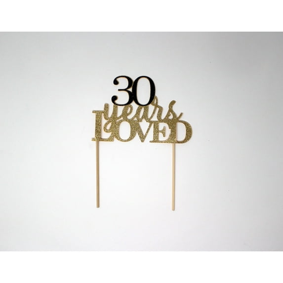 All About Details 30 Years Loved Cake Topper (Gold & Black), 1 PC, 30th Anniversary, 30th Birthday, Party Decor, Glitter Topper