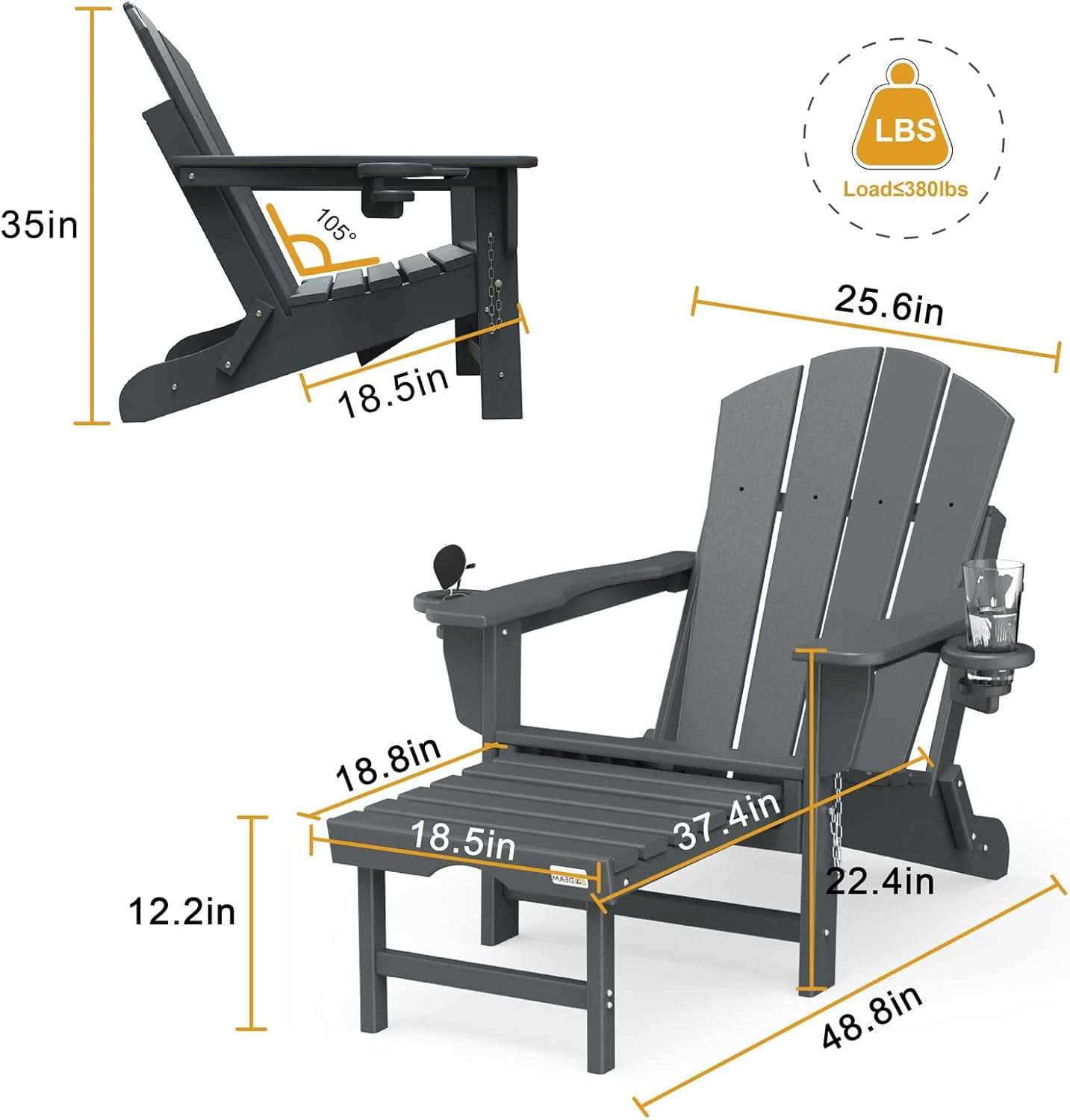 Erinnyees Folding Adirondack Chair with Retractable Ottoman, HDPE All-Weather Fire Pit Chair with 2 Cup Holders, Outdoor Chair for Deck Patio Garden Backyard Lawn