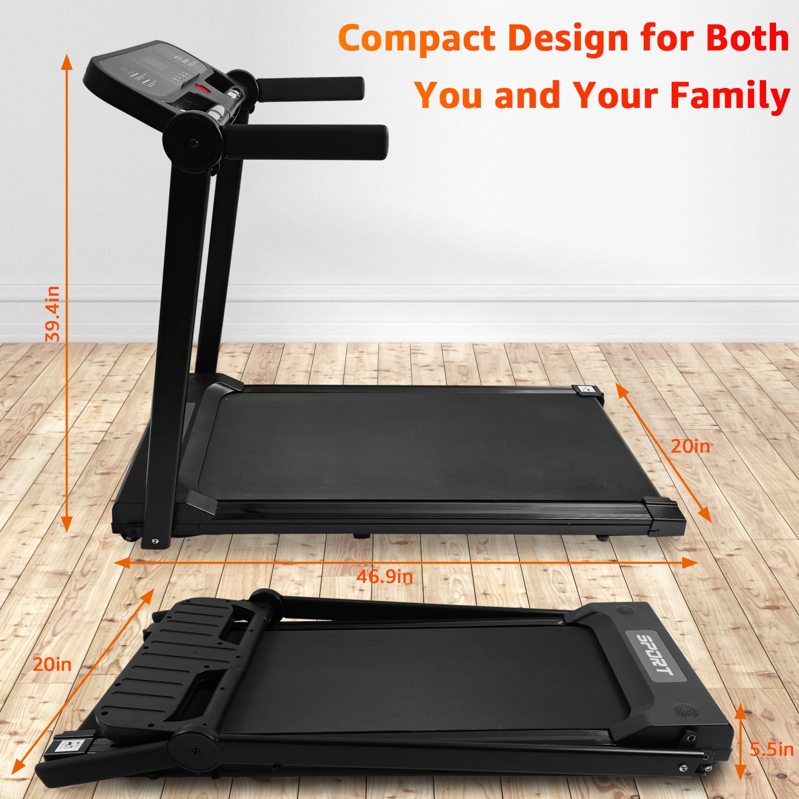 EVGTTI Treadmill with Handles, Portable Small Treadmills for Home and Office, 3.0HP Folding Walking Pad with 330 lbs Capacity