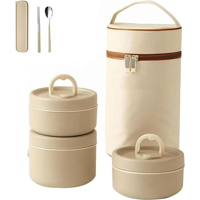 Portable Insulated Lunch Container Set, 4 Tier Separate Stackable Stainless Steel Lunch Container with Insulated Hot Food Bag, for Work, Camping, Picnics (Brown,3Set)