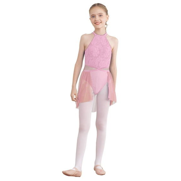TiaoBug Kids Girls Halter Lace Floral Ballet Leotard Dance Dress Sleeveless Lyrical Dress Dark Pink 12
