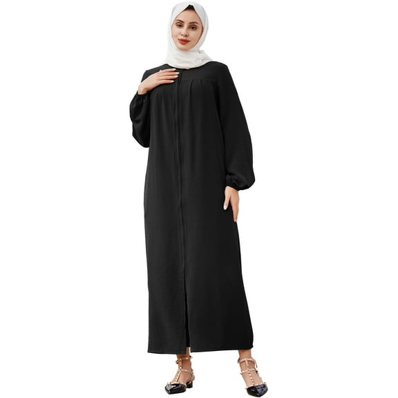 IBTOM CASTLE Abayas for Women Muslim Dress Prayer Clothes Zipper Maxi Long Robe Kaftan Dresses Islamic Dubai Loose Abaya Dress M Black