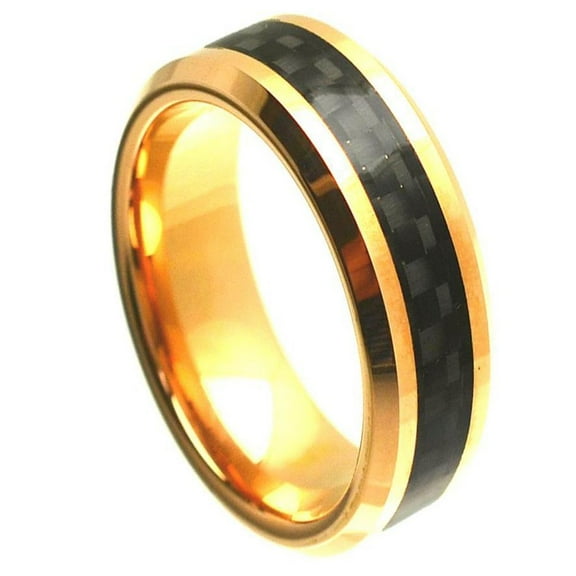 8mm Tungsten Carbide Yellow Gold Plated High Polish with Black Carbon Fiber Inlay Beveled Edge Wedding band Ring for Men and Ladies