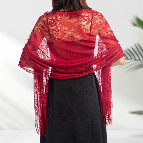 FUNUONY Lace Floral Shawls and Wraps for Women Evening Formal Dresses Wedding Bridal Shawl Mesh Scarf Shawl With Tassels Bride Bridesmaid Shawl Veil for Wedding Sheer Formal Party Dress Elegant Scarf