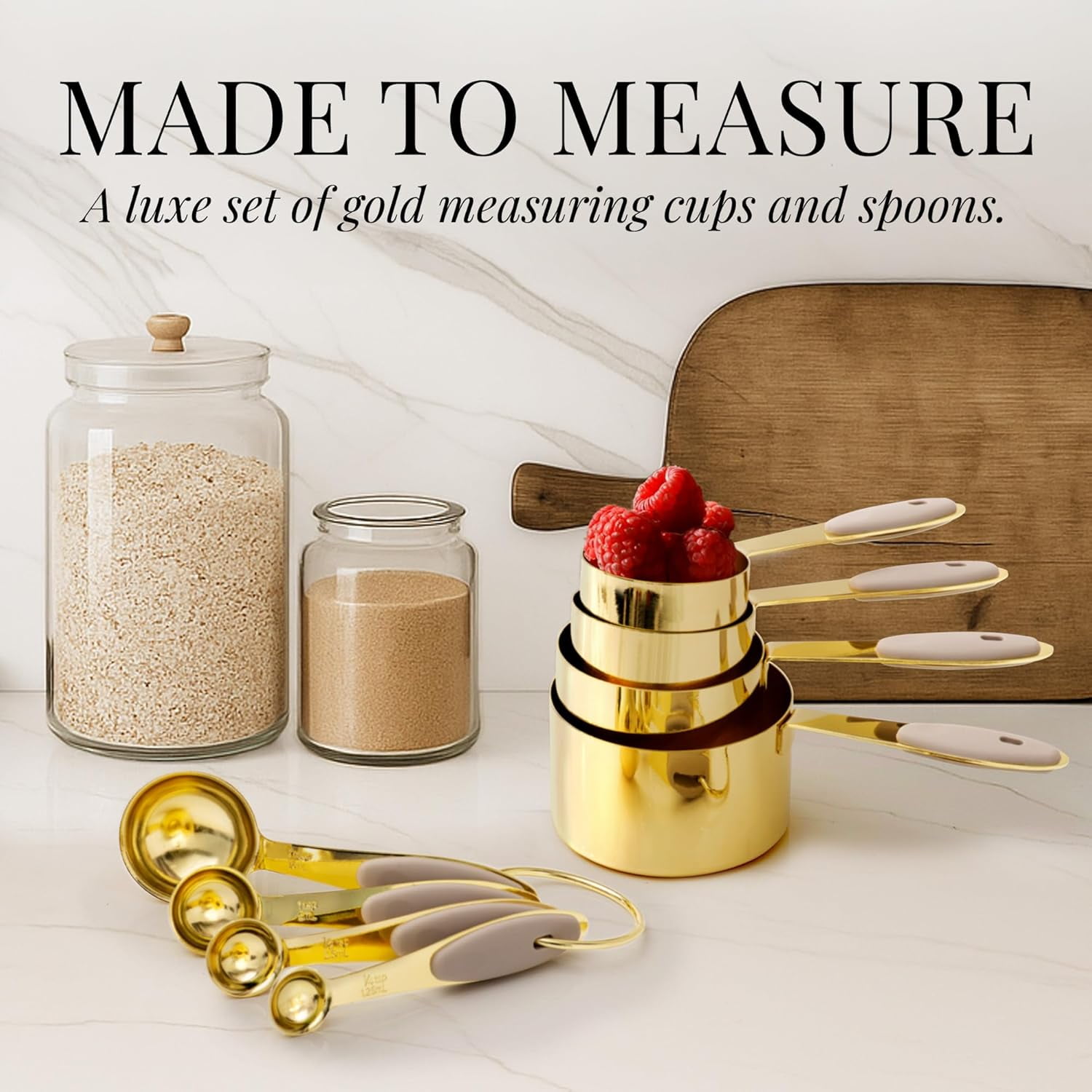 Styled Settings 23-Piece Gold and Beige Kitchen Utensils Set – Silicone Nonstick Cooking Tools with Measuring Cups, Garlic Press, Can Opener, and Utensil Holder