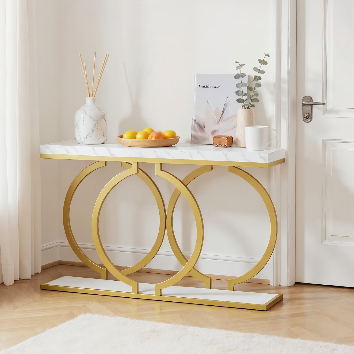 Topcobe 55" Console Table, Narrow Entryway Sofa Table with Geometric Metal Frame, Modern Furniture for Indoor, White & Gold