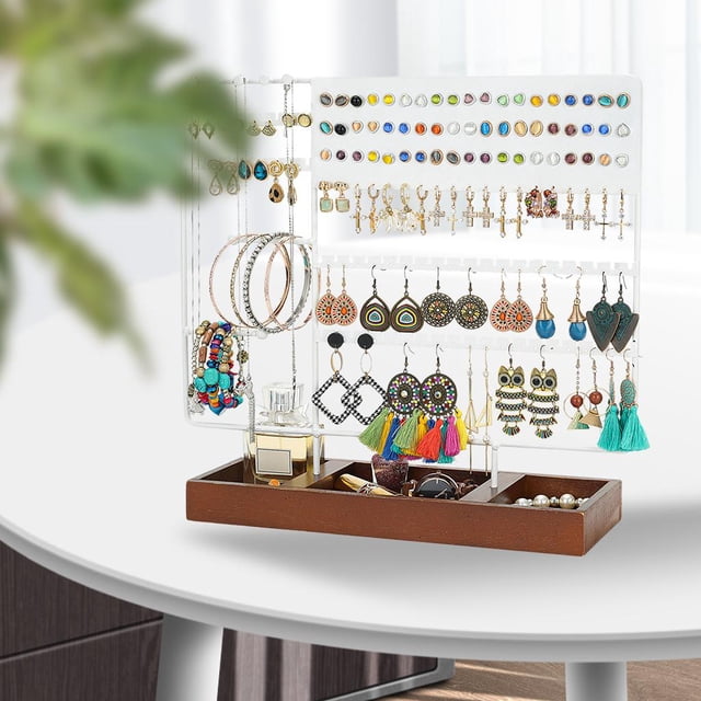 Soporte para aretes Soporte Árbol de exhibición Estante de exhibición de joyería de 130 agujeros Organizador de 6 niveles con bandeja de almacenamient