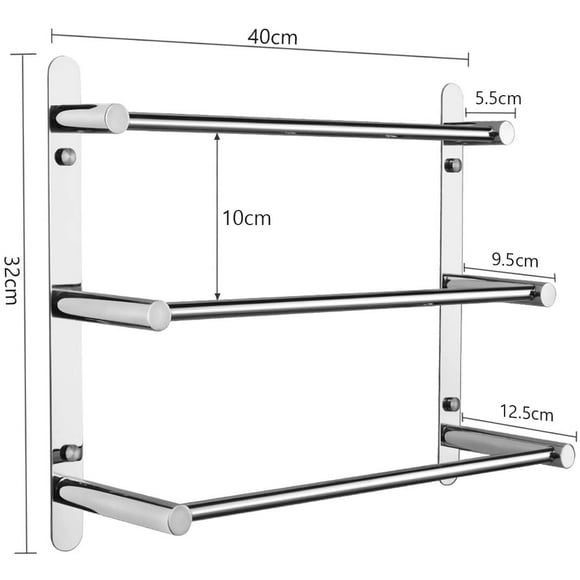 Towel holder, 304 stainless steel towel rail shelf 3 rods, 40 cm wall mounted bathroom towel holder, towel rails for bathroom kitchen toilet