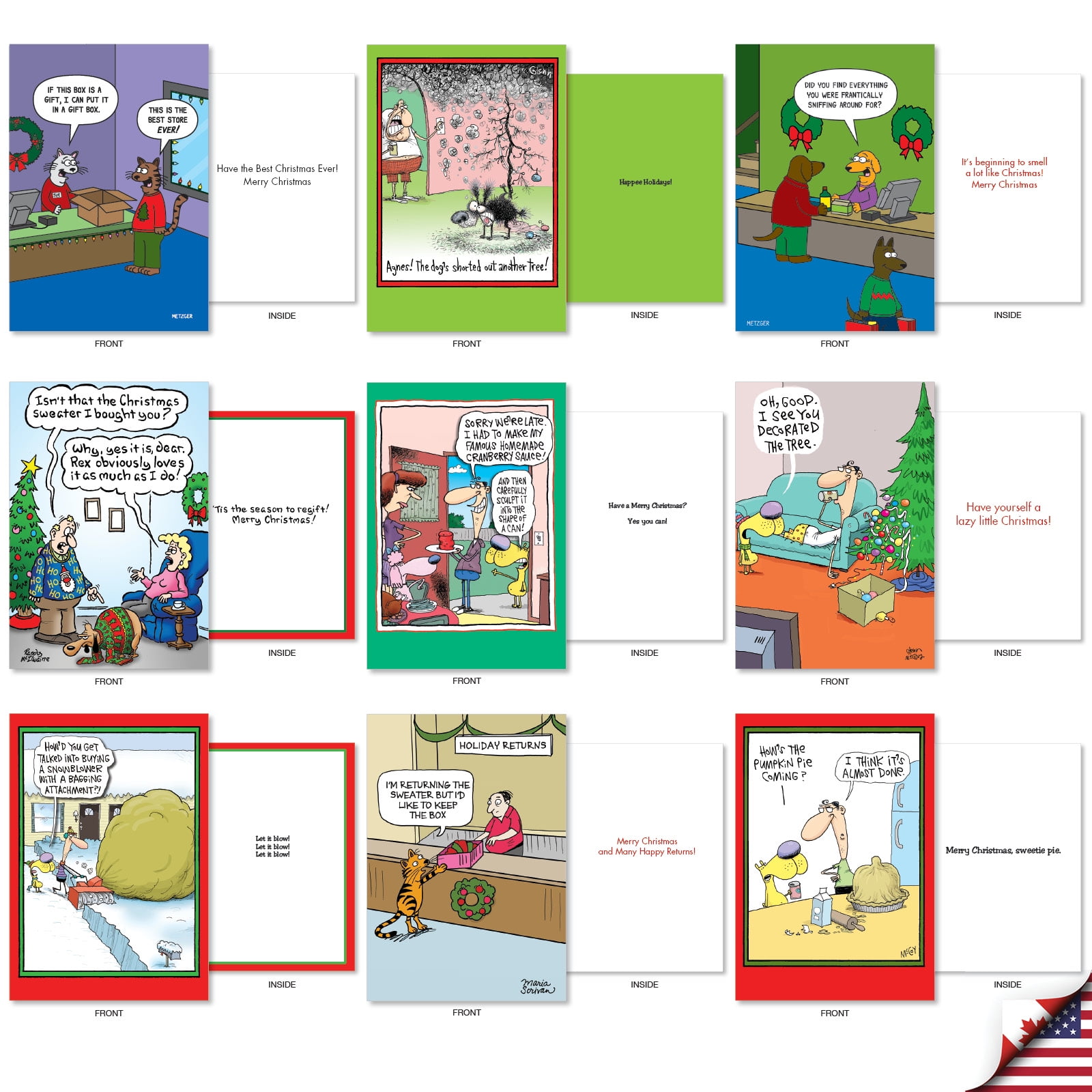 NobleWorks 36 Assorted Box Set Funny Christmas Greeting Cards w/5 x 7 Inch Envelopes (36 Designs, 1 Each) Holiday Dog And Cat Toons AC10709XSG-B1x36