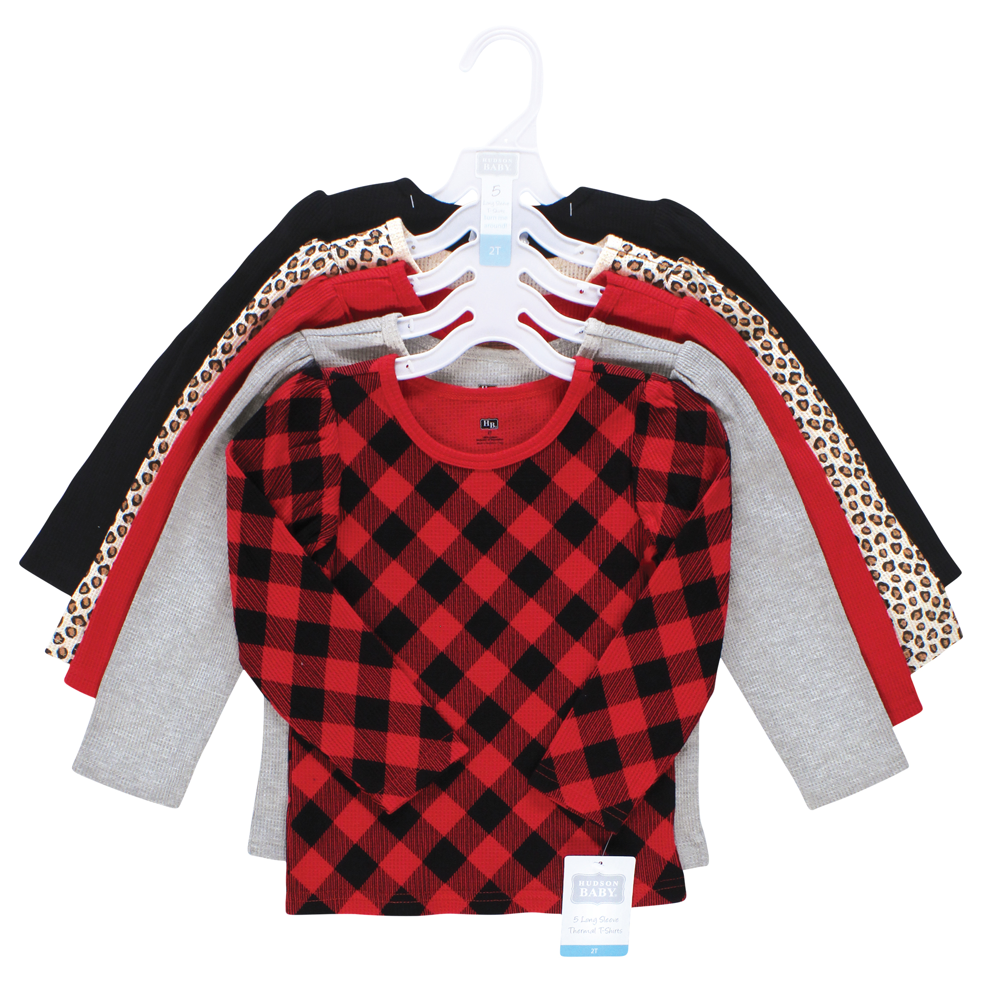 Hudson Baby Unisex Baby Thermal Long Sleeve Tees 5pk, Buffalo Plaid Leopard, 2T