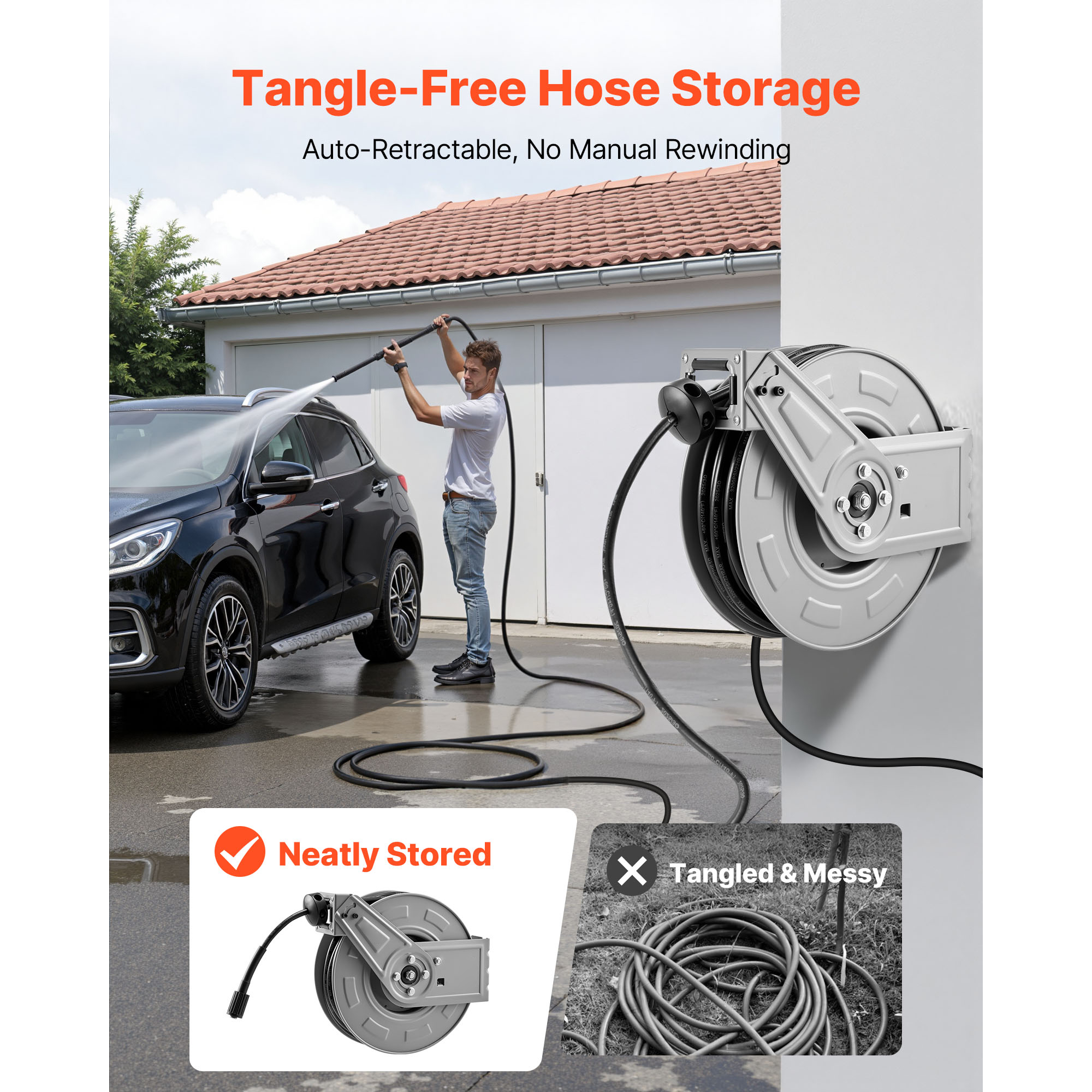 KFFKFF Retractable Pressure Washer Hose Reel, 65 ft x 1/4 inch Heavy-Duty Steel, 3200 PSI Max, Auto-Rewind, Wall/Floor Mount for Cleaning Cars, Gardens, and Floors
