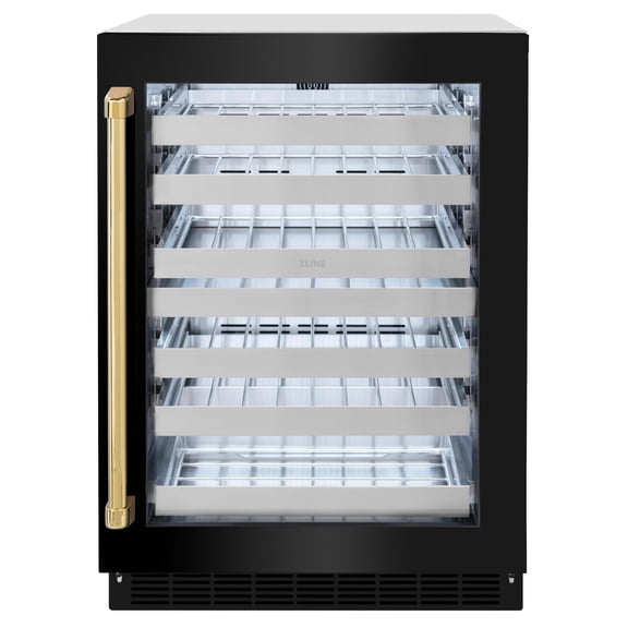 ZLINE Autograph Edition 24 in. Touchstone Dual Zone 44 Bottles Wine Cooler With Black Stainless Steel Glass Door And Polished Gold Handle (RWDOZ-BS-24-G)