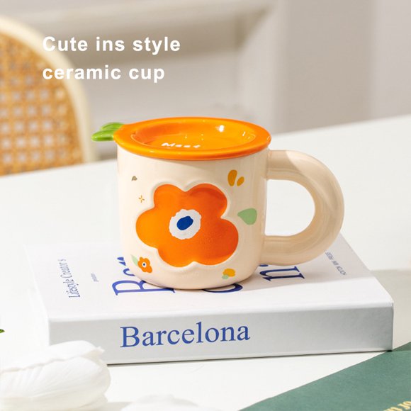 Mug Ceramic Lid Coffee Tea Cups Teacups Home Drinking Milk Water Mugs Flower Pattern Oatmeal Cup Handle Kitchen Office Cups Teacups Present Orange