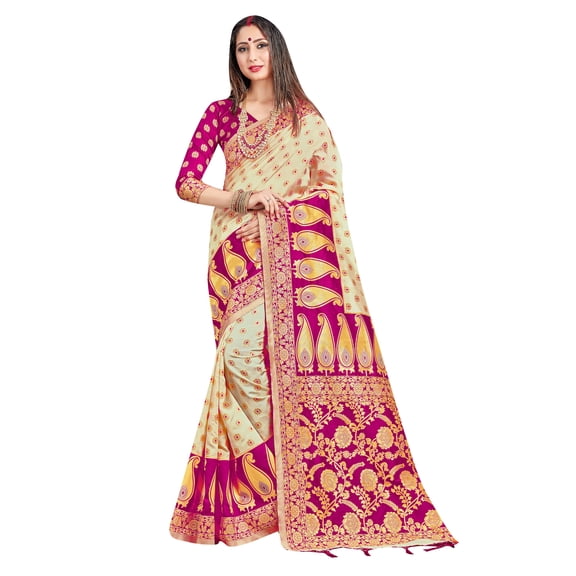 Sarees For Women Banarasi Art Silk Saree || Indian Durga Puja Bangali Woven Sari With Unstitched Blouse