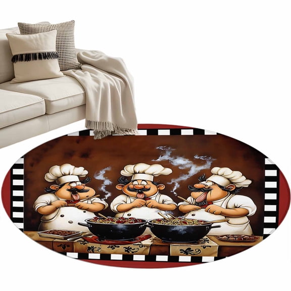 Red Chef Large Area Rugs for Bedroom Living Room, Soft Non Slip Carpet Bedside Rug, Kitchen Gourmet Black Plaid Vintage Round Floor Cover Kitchen Accent Rug 4' for Dining Room/Office