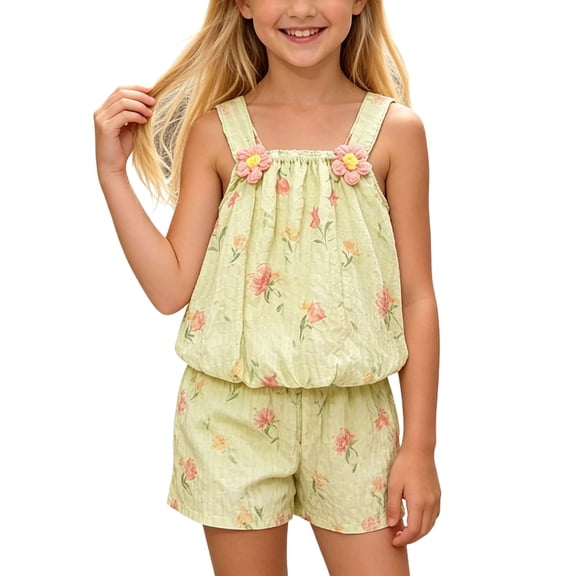 Amidoa Girls 2 Piece Outfits Summer Clothes Cute Tank Top Floral Print Sleeveless T-Shirt and Shorts Casual Kids Clothing Sets Multicolor Size 0T