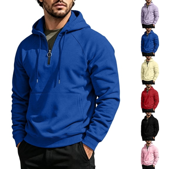 Men's Casual Long Sleeve Quarter Zip Hooded Sweatshirt Solid Color Cozy Fleece O-Ring Zipper Adjustable Drawstring Hood Outdoor Sports Pullover Hoodie