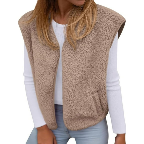 Womens Fall Winter Fleece Vest Trendy Sleeveless Jacket Button Down Open Front Fuzzy Warm Outerwear Khaki S