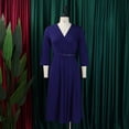 thumbnail image 3 of AURA Plus Size V Neck Pleated Midi Dress High Waist Belted A Line 3 4 Sleeve Elegant Summer Work Dress with Zipper, 3 of 10
