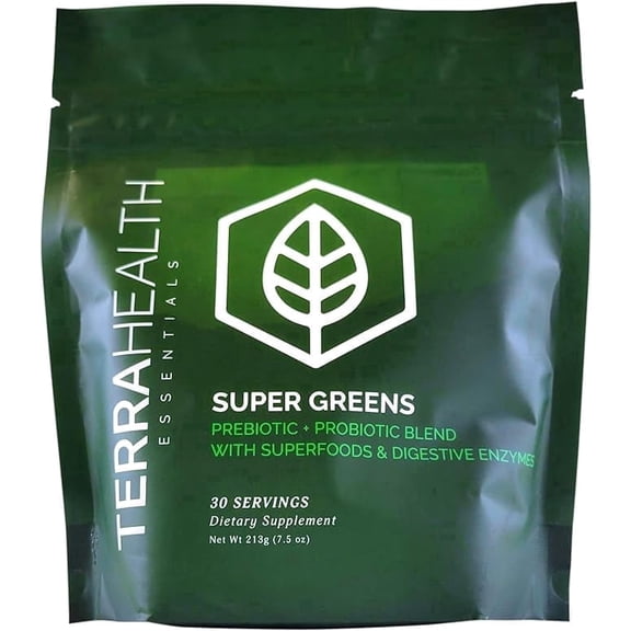 Terra Health Essentials® Super Greens | Prebiotics & Probiotics Supplement Blend | Digestive Enzymes with Adaptogenic Herbs & Antioxidants (1 Pack, 30 Day Supply)