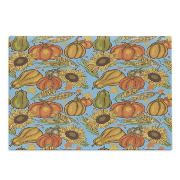 Harvest Cutting Board, Agriculture Theme Vegetable Pattern Corns Pumpkins and Sunflowers, Decorative Tempered Glass Cutting and Serving Board, Large Size, Orange Yellow Pale Blue, by Ambesonne