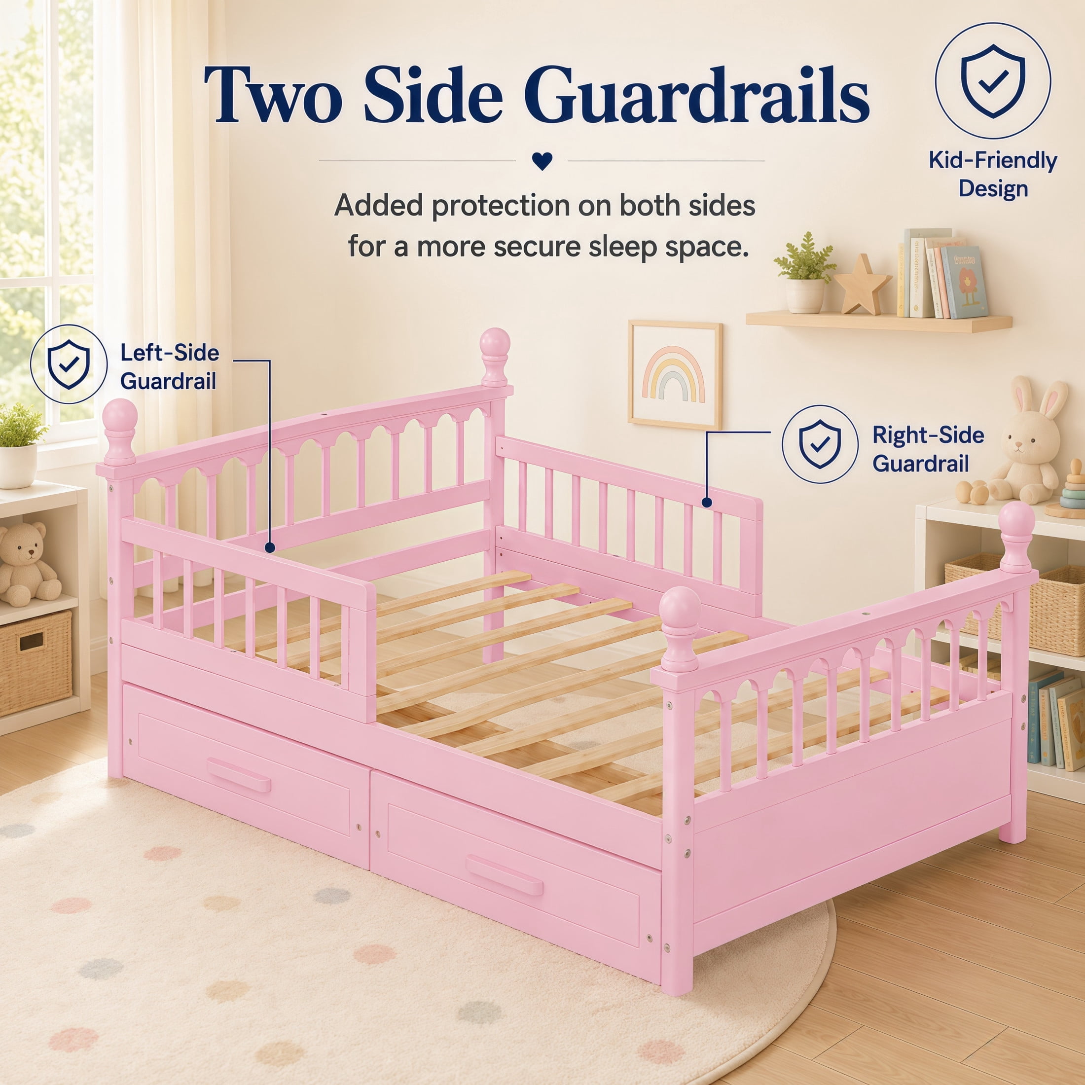 Noble House Orielle Full Kids Bed Frame with Storage Drawers, Low-Profile Platform Bed with Safety Guardrails, Pink