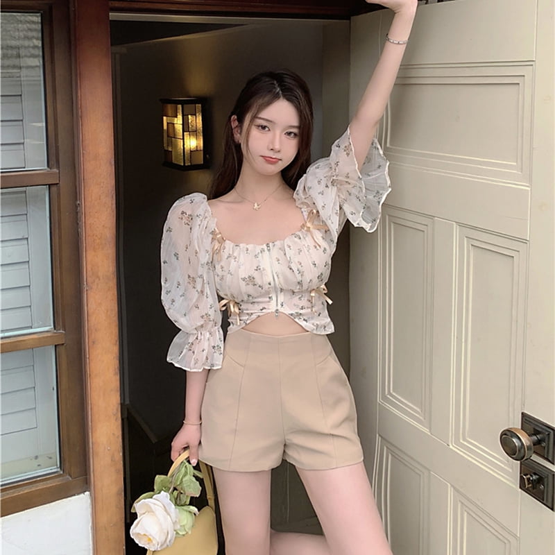 SAYOO Female Crop Tops, Square Neck Puff Sleeve Blouse Floral