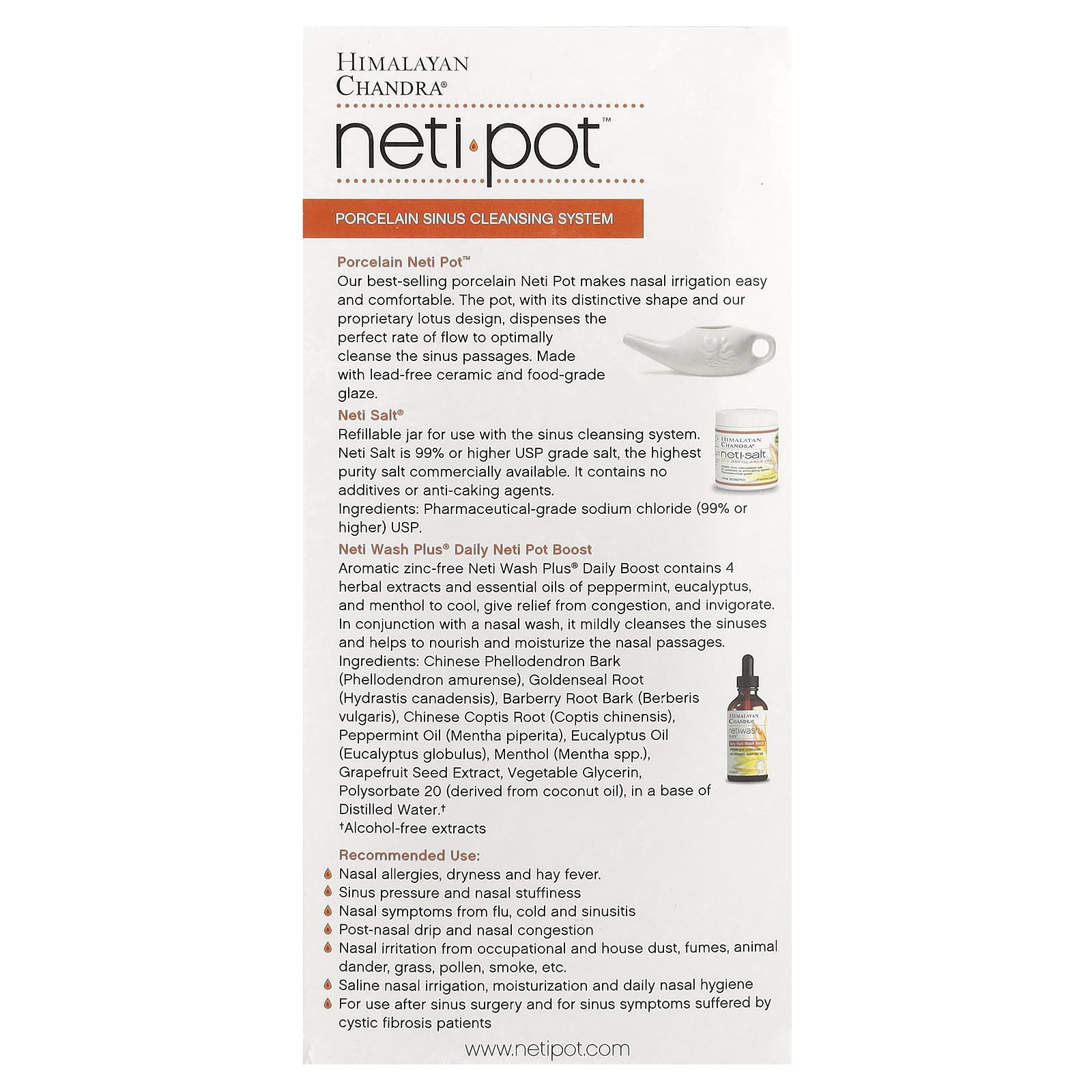 Himalayan Chandra Neti Pot, Porcelain Sinus Cleansing System, 3 Piece Kit