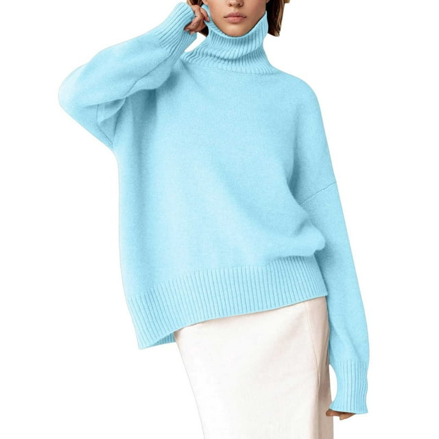 Daznico Women's Knitted Sweaters,Women Long High Neck Solid Color Ribbed Knit Lightweight Pullover Sweater,Womens Oversized Sweaters,Size L