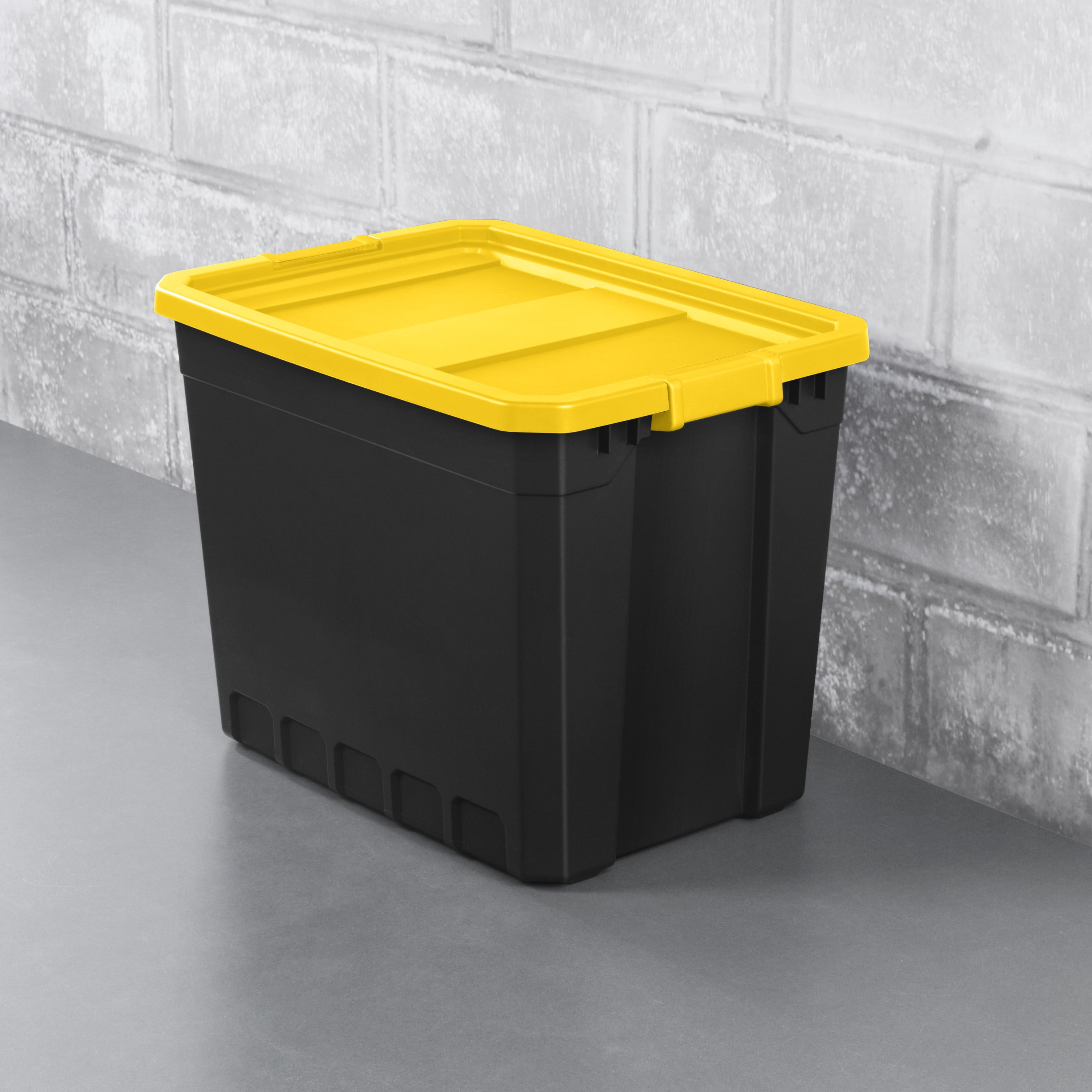 Sterilite 27 Gallon Industrial Heavy Duty Stackable Storage Tote with  Recessed Latching Lid & Channeled Walls for Organization, Black/Yellow, 12  Pack