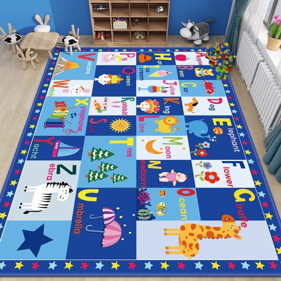Terrug Kids Play Mat - Series ABC Educational Area Mat - Boys Girls Floor Mat - Bedroom, Playroom, Living Room Small Kids Play Mat Blue 59"×39.4"