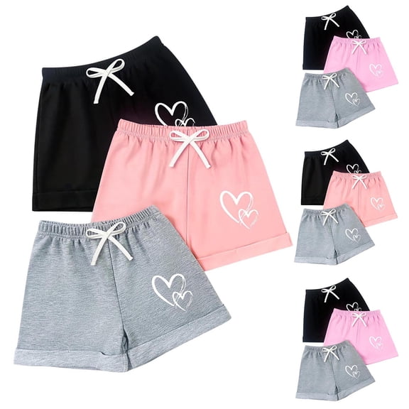 Einccm 3 Pack Summer Girls' Print Casual Sports Shorts - Loose Fit, Bow Dstring Waist, Rolled Hem, Cute Heart Print, for Kids Ages 4-12