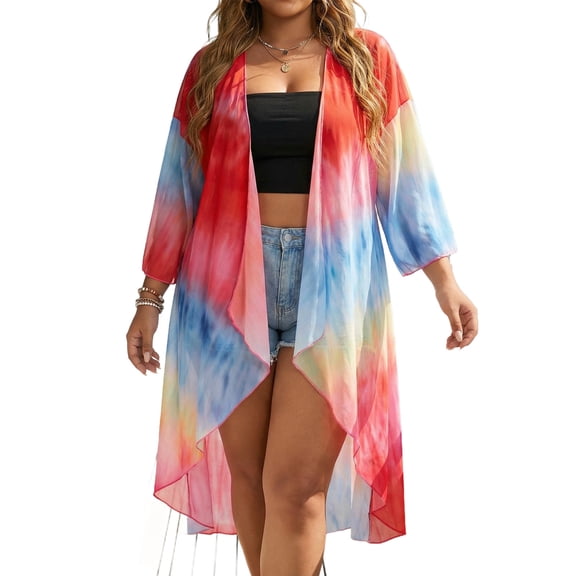 ZACPNCV Plus Size Women Beach Cover Up Colorful Fringe Irregular Hem Loose Fit Crochet Knit Sheer Swimsuit Bikini Shawl Summer Outdoor