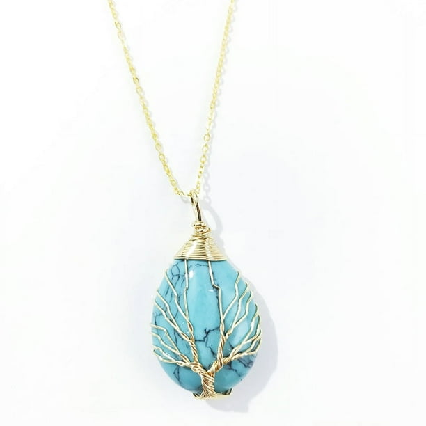 Zhuge Collar con colgante de árbol de la vida, accesorios para collares para hombres y mujeres, hecho a mano, collar con colgante de gota de agua de árbol de la vida envuelto en oro (azul claro)