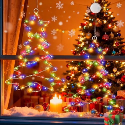 5Pcs Christmas Window Lights Decorations,Lighted Bell Tree Reindeer Snowflake Star Battery Operated with Suction Cup for Christmas Window Glass Wall Indoor Decorations Muti-Color (2pcs)