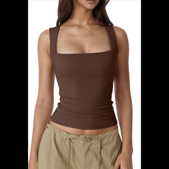Women'S Square Neck Sleeveless Tank Tops Coffee M