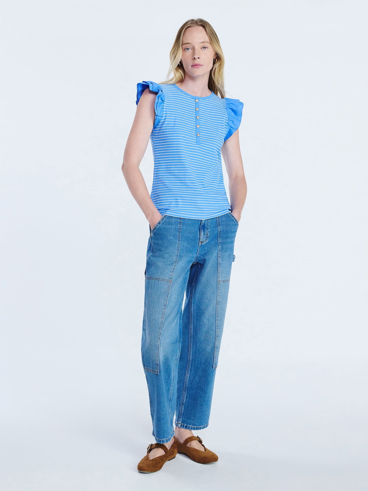 Free Assembly Women's and Women’s Plus Flutter Sleeve Henley Top, Sizes XS-4X