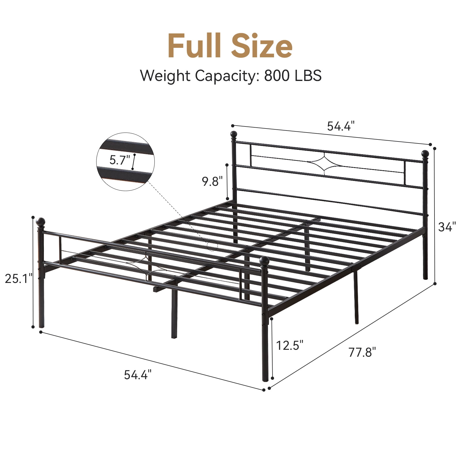 Sailvan Full Size Bed Frame, Heavy-duty Metal Bed Frames with Headboard, No Box Spring Needed, Black