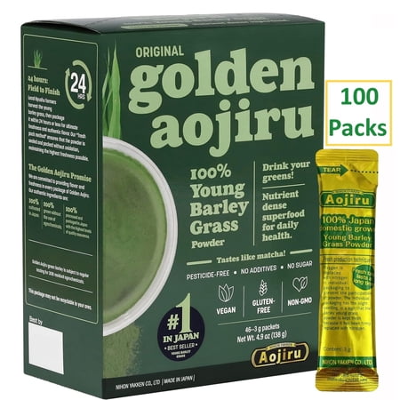 nihon-yakken The Golden Aojiru - Young Barley Green Grass Juice Powder  100% Japanese Grown  0.1 oz. (3g) Individual Packet × 100pcs
