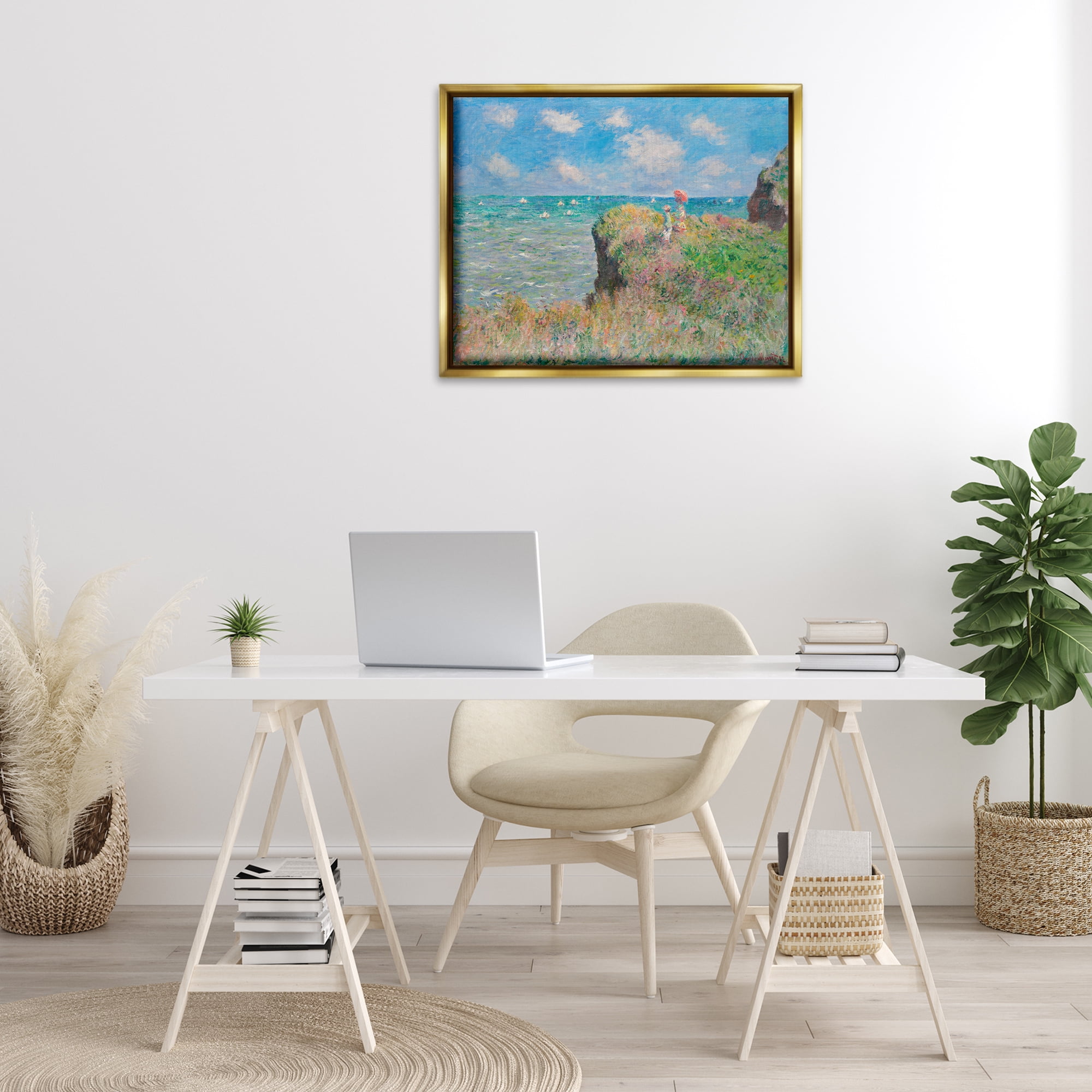 Stupell Industries Classic Monet Cliff Walk Landscape & Nature Painting Gold Floater Framed Canvas Art Print Wall Art, 31 x 25