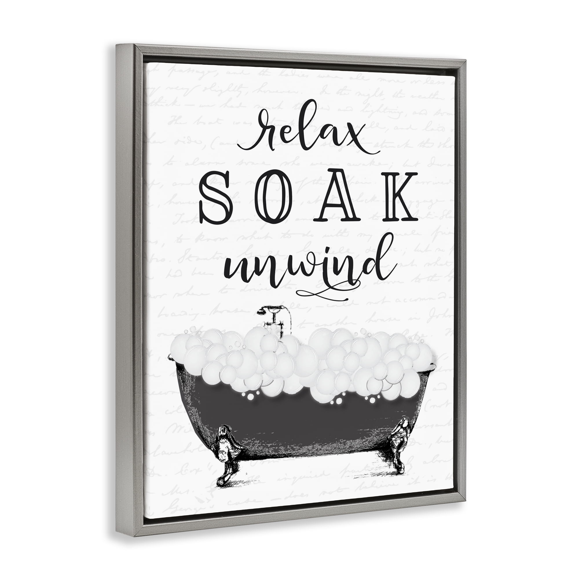 Soak Unwind Bubble Bath Gray Framed Floater Canvas Wall Art, design by Lettered and Lined
