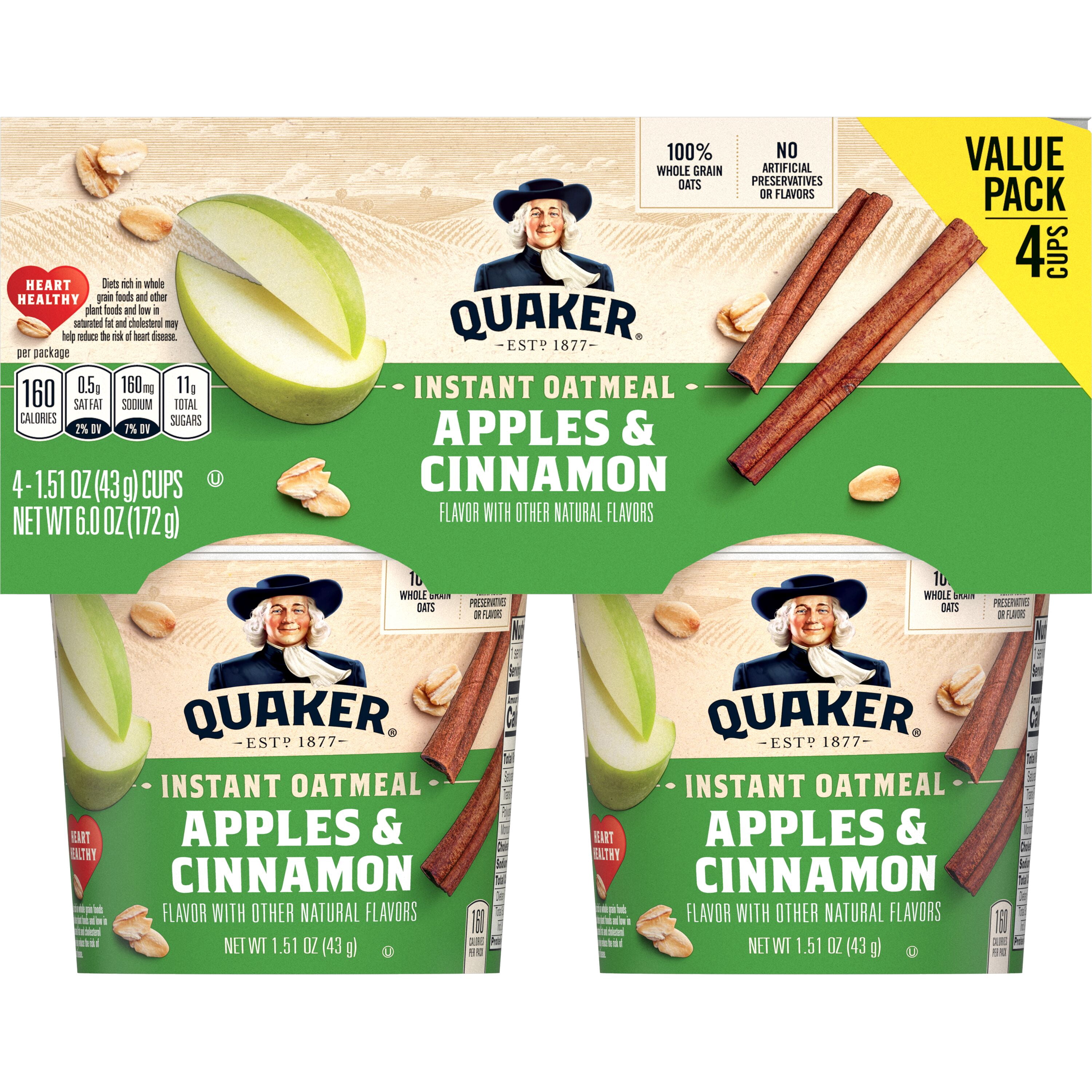 (3 pack) Quaker Instant Oatmeal Apples & Cinnamon Quick Cook Ready to Microwave Oatmeal, 1.51 oz Cups, 4 Pack