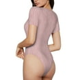 thumbnail image 3 of Fotbe Women Short Sleeve Bodysuit Round Neck Pink Stripes Bodysuit For Women Round Neck Scoop Neck Long Sleeve Stretch Tops Jumpsuit-X-Large, 3 of 9