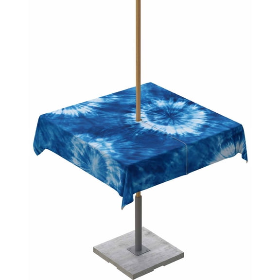 Outdoor Tablecloth with Umbrella Hole for Patio/Picnic/Party/Camping, Blue Tie Dye Waterproof Table Cloth Square Cover Washable, Boho Ethnic Abstract Ombre Pattern Art 60"x 60"