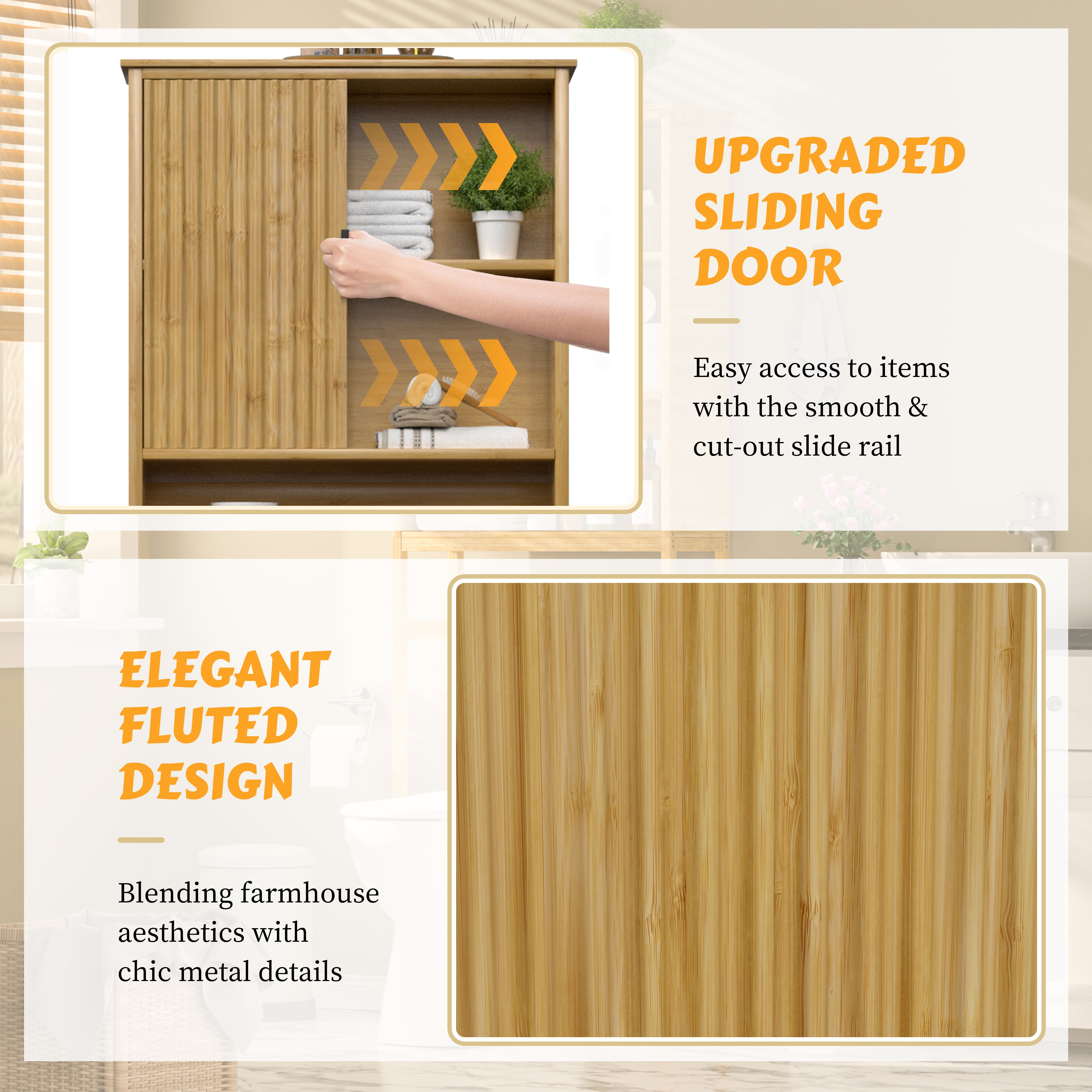 VEIKOUS Bamboo Fluted Over-The-Toilet Storage Cabinet Space Saving Bathroom Organizer w/ Shelves and Cupboard, Natural
